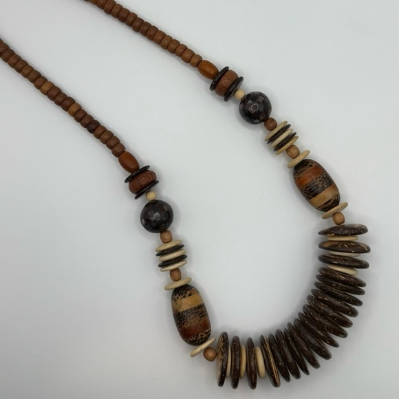 Vintage Wooden Bead Necklace Earrings Chunky Boho Ethnic Natural Wood Discs - Picture 6 of 8